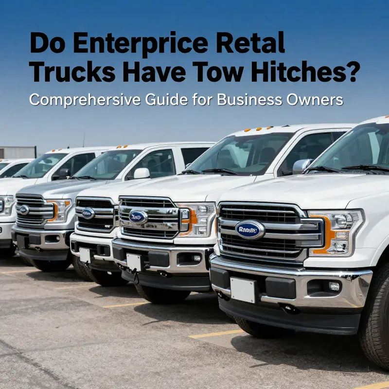 Enterprise rental trucks in a lot, showcasing one with a tow hitch ready for use.