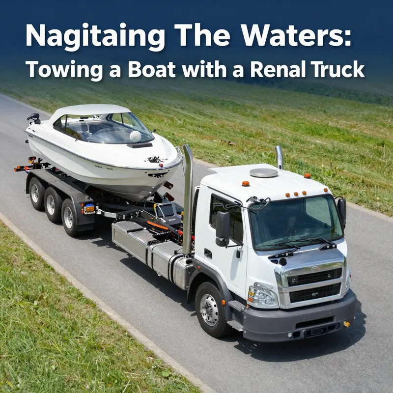 A heavy-duty rental truck confidently towing a boat trailer, illustrating the importance of truck capacity.