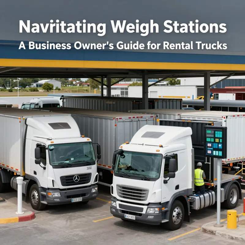 Different rental trucks queued at a weigh station for essential weight compliance checks.