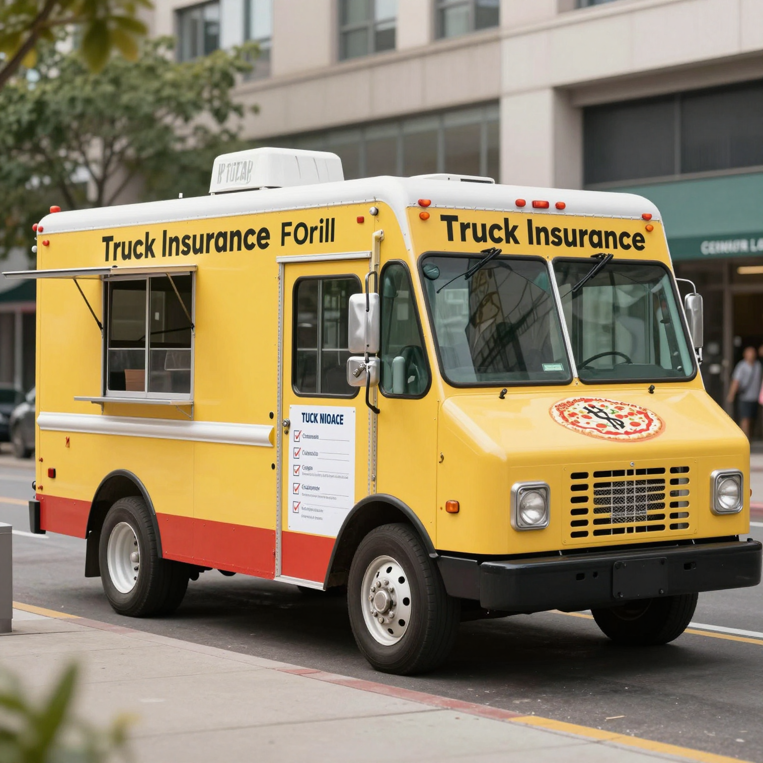 Visual representation of truck insurance needs for a pizza truck with elements like a policy and dollar sign