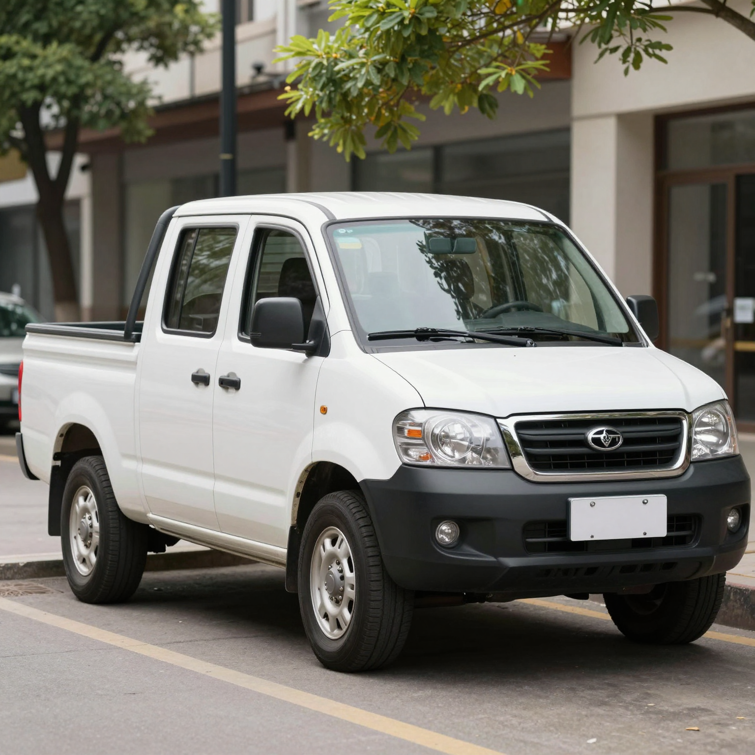 Budget rental pickup truck parked in an urban environment