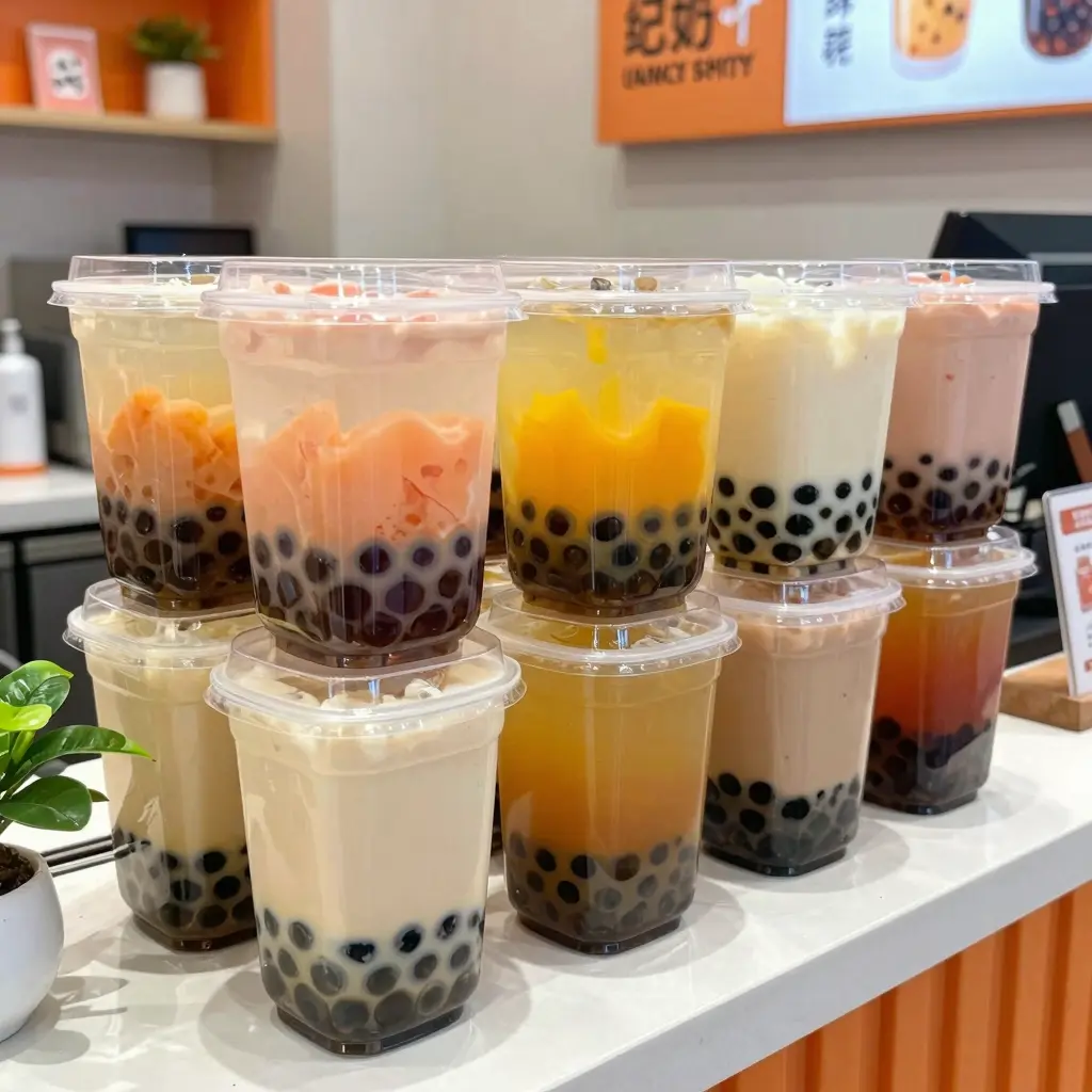 Clear plastic square storage cups in a stylish bubble tea setting