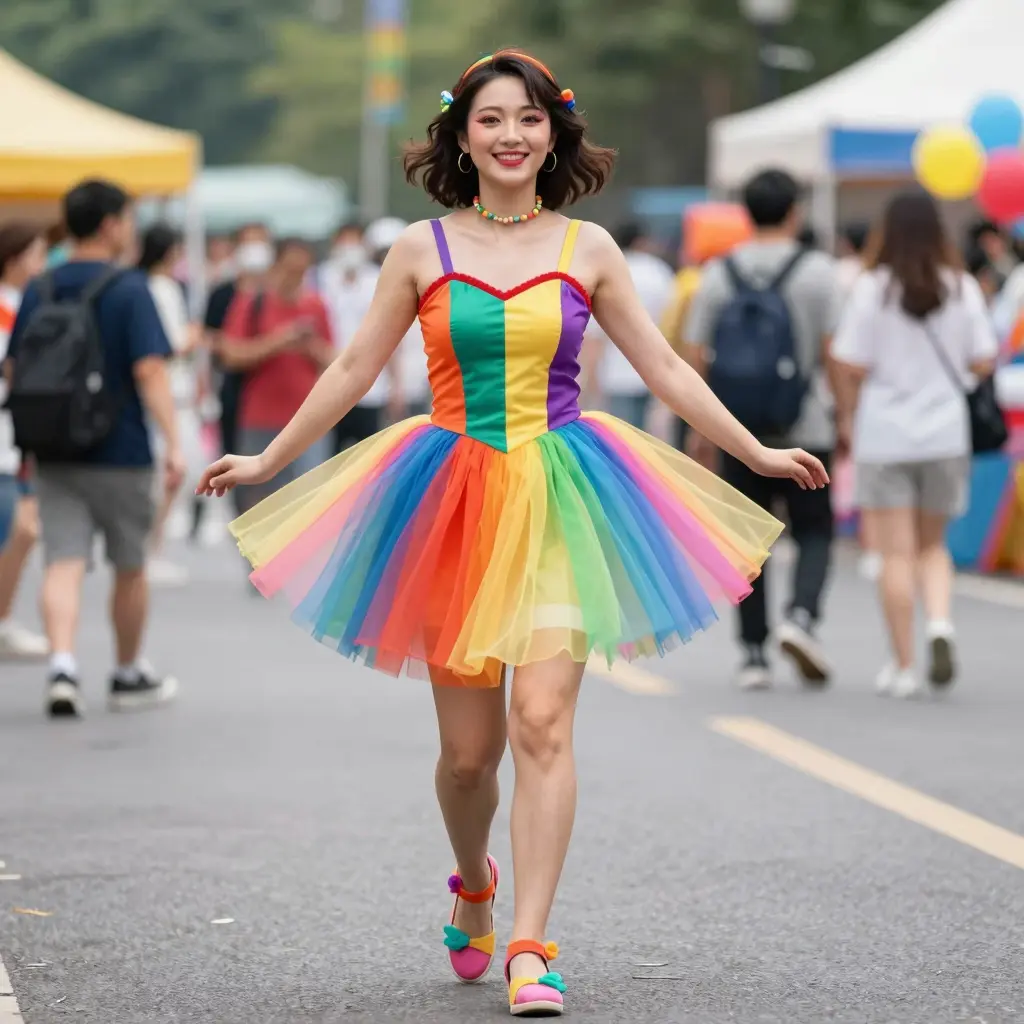 Adult woman wearing a rainbow tutu dress in a vibrant setting